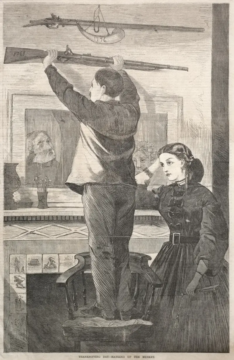 Thanksgiving Day – Hanging up the Musket av Winslow Homer