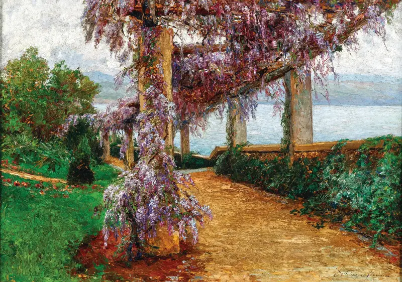 En wisteriatäckt pergola i trädgården vid Villa Haas i Abbazia av Olga Wisinger-Florian