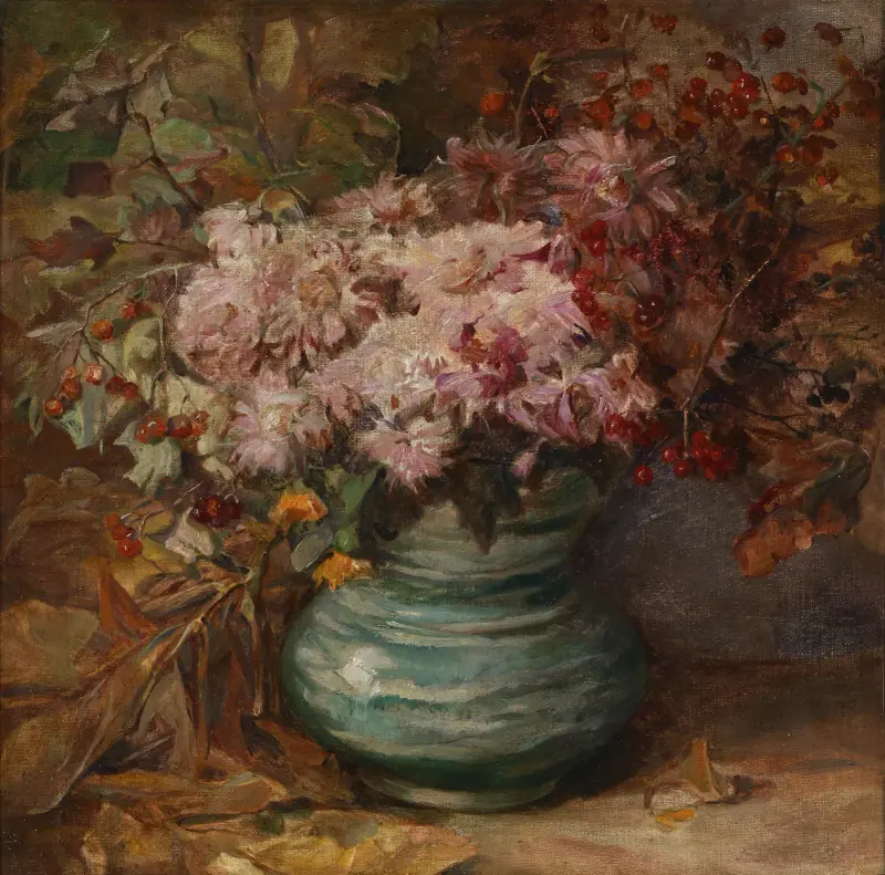 Blumenstrauß mit Crysanthemen und Ringelblumen av Olga Wisinger-Florian