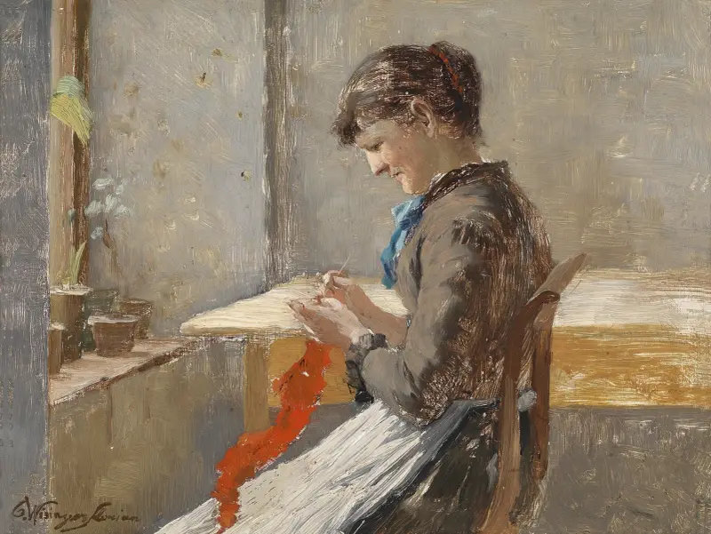 Strickende Frau am Fenster av Olga Wisinger-Florian