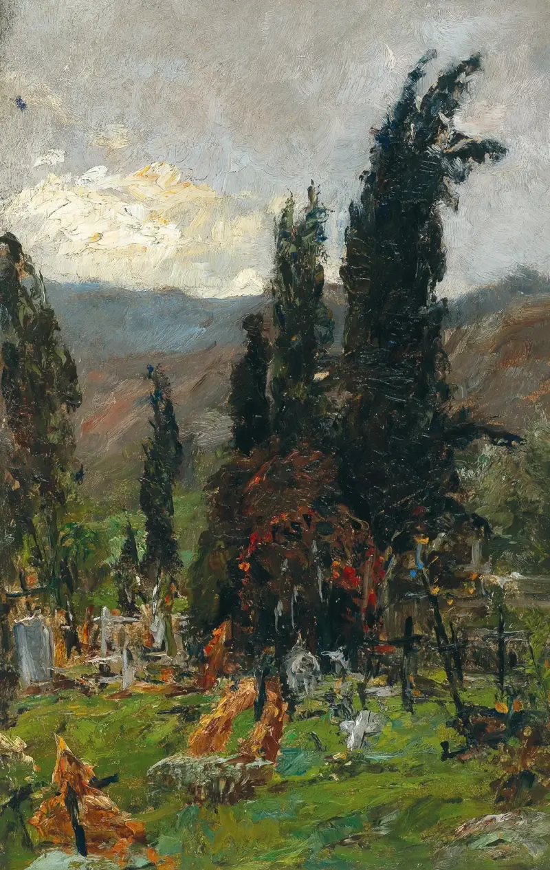 Blick über einen Friedhof in der Dämmerung von Olga Wisinger-Florian