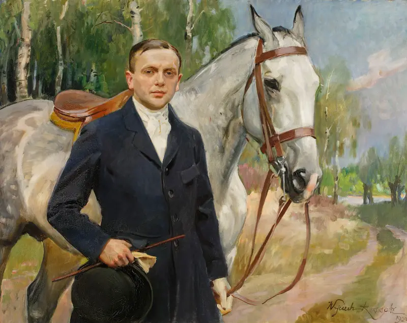 Porträtt av Bronisław Krystall med häst av Wojciech Kossak