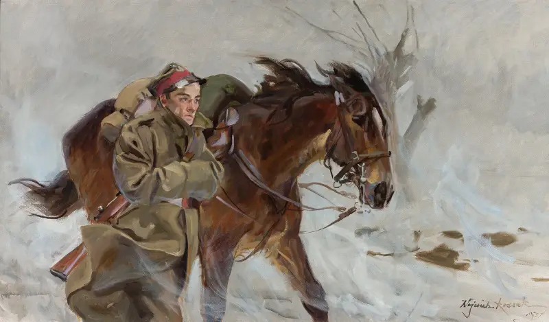 Soldat med häst av Wojciech Kossak