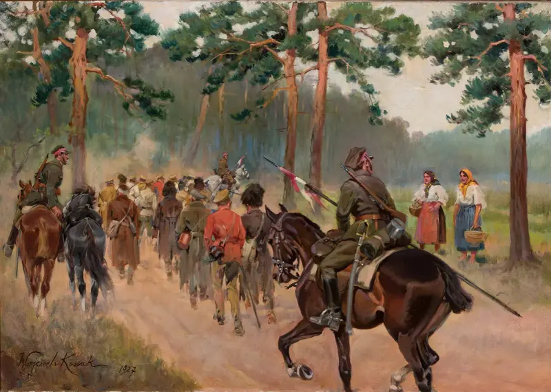 Uhlans escorting captives down a forest track av Wojciech Kossak