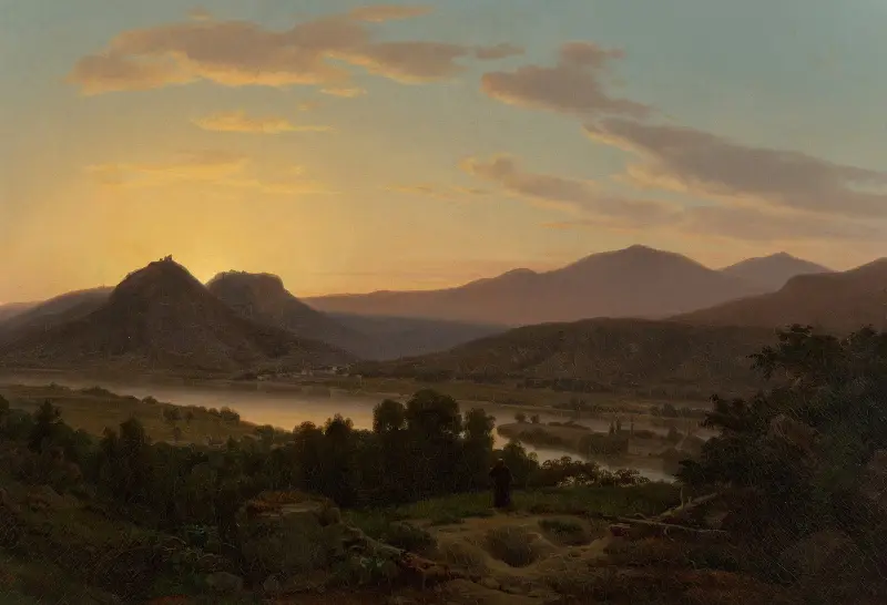 Sonnenaufgang, Blick auf den Drachenfels von Rolandseck von Worthington Whittredge