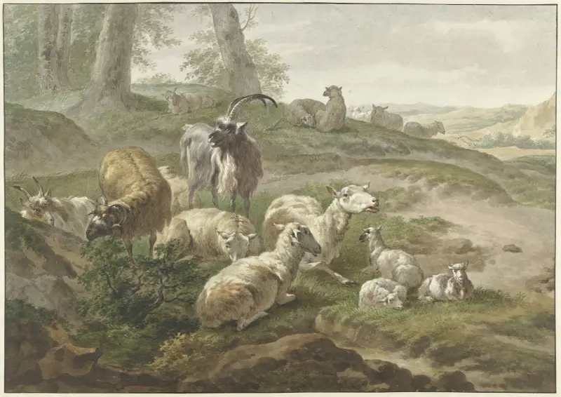Bokken en schapen in een heuvelachtig landschap , after Nicolaes Pietersz. Berchem av Wybrand Hendriks