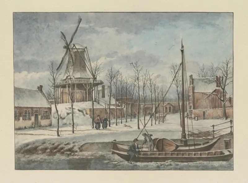 De Doelmolen, de Raampoort, de Stadswal en de huizen aan de Korte Geusestraat (nu; Wilsonsplein) vanaf de Raamgracht in de sneeuw. av Wybrand Hendriks
