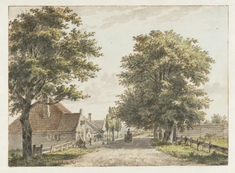 Gezicht op huisjes en boerderijtjes aan ‘t Zieken tussen de Schotersingel en de Driesprong, thans de Kennemerstraat av Wybrand Hendriks