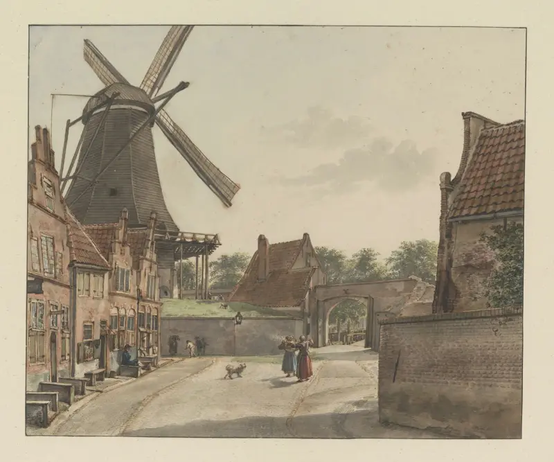 Gezicht vanuit de Bereiderstraat, tegenwoordig Sophiastraat, op de oostzijde van de Raampoort en de Doelmolen av Wybrand Hendriks