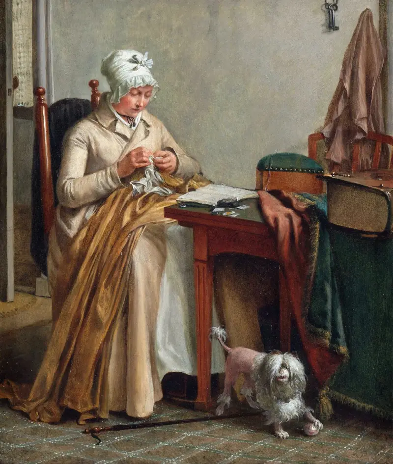 Interieur mit nähender Frau von Wybrand Hendriks