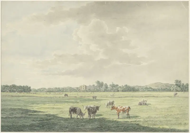 Landschap met weiland en koeien op de voorgrond en in de verte de ruIne van Brederode av Wybrand Hendriks