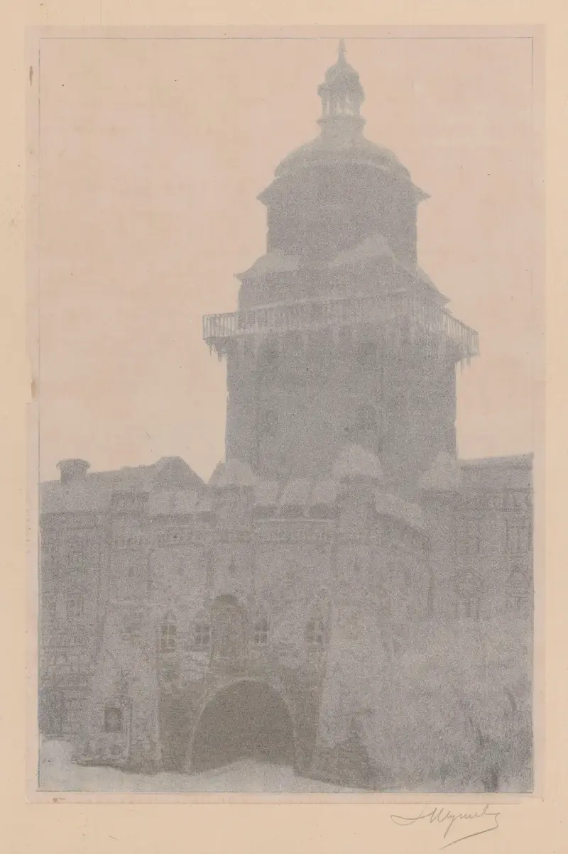 The Krakow Gate in Lublin (in winter at dusk) av Leon Wyczółkowski