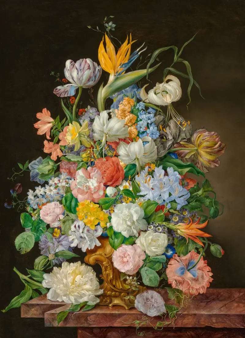 Ein Paradiesvogel, Rosen, Tulpen und andere Blumen in einer vergoldeten Bronzeschale auf einem Steinsockel von Franz Xaver Petter