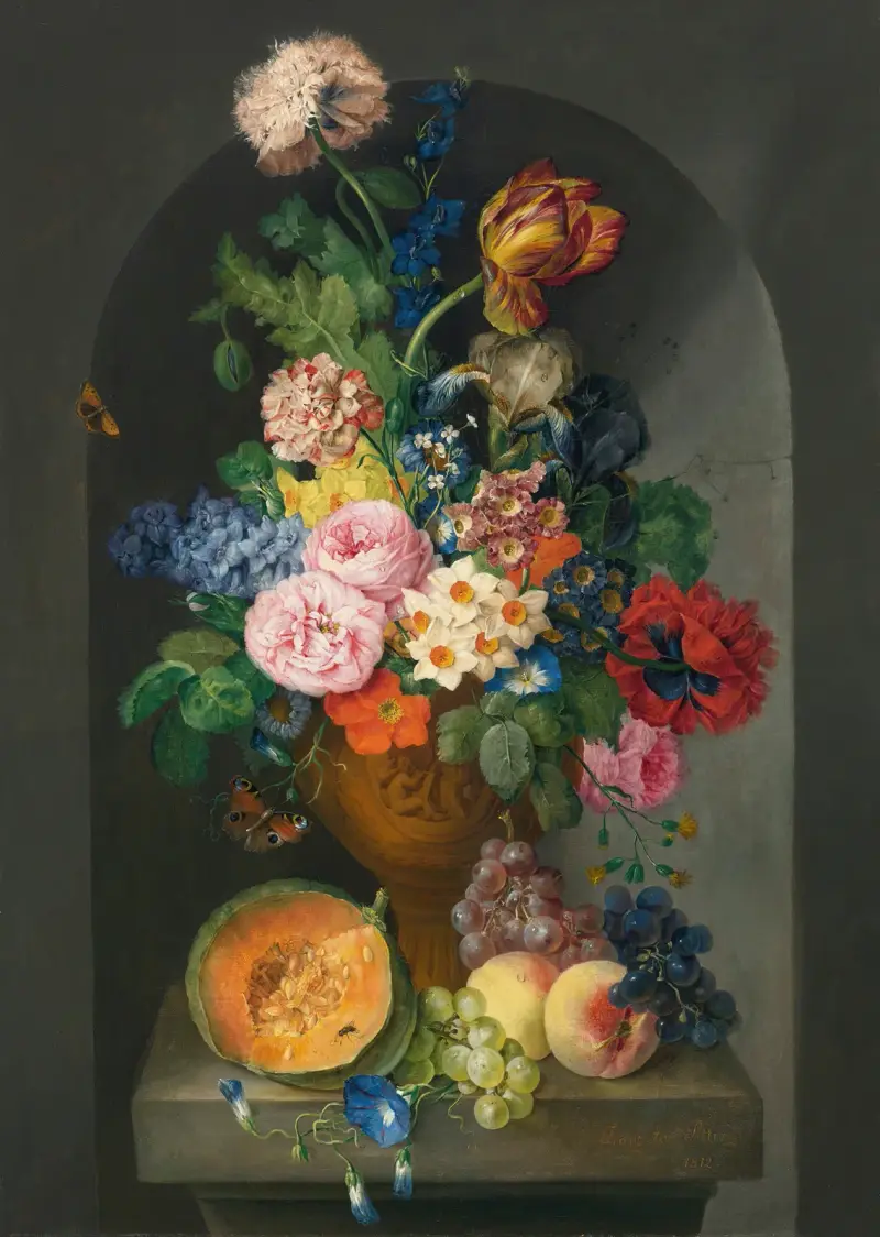Bronzeurne mit Blumen, einer Melone, Pfirsichen und Trauben, einem Schmetterling und einer Raupe von Franz Xaver Petter