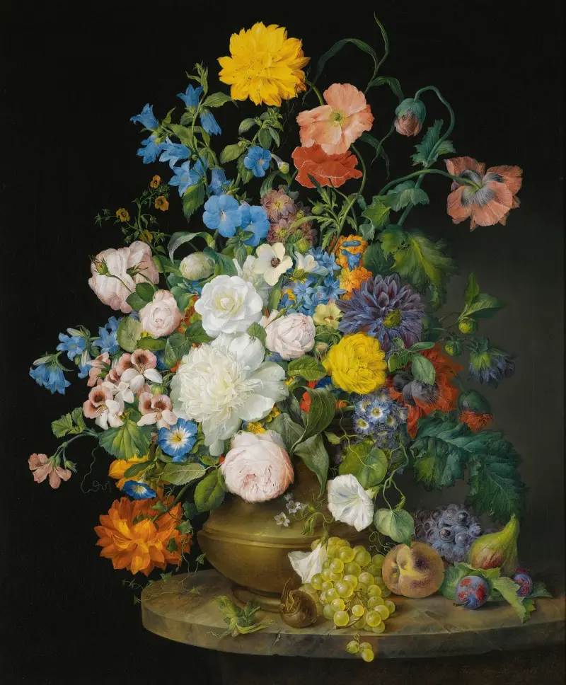 A Vase Of Camellias, Geraniums, Dahlias, A White Peony, Roses, Poppies And Other Flowers, With Fruit On A Stone Ledge av Franz Xaver Petter