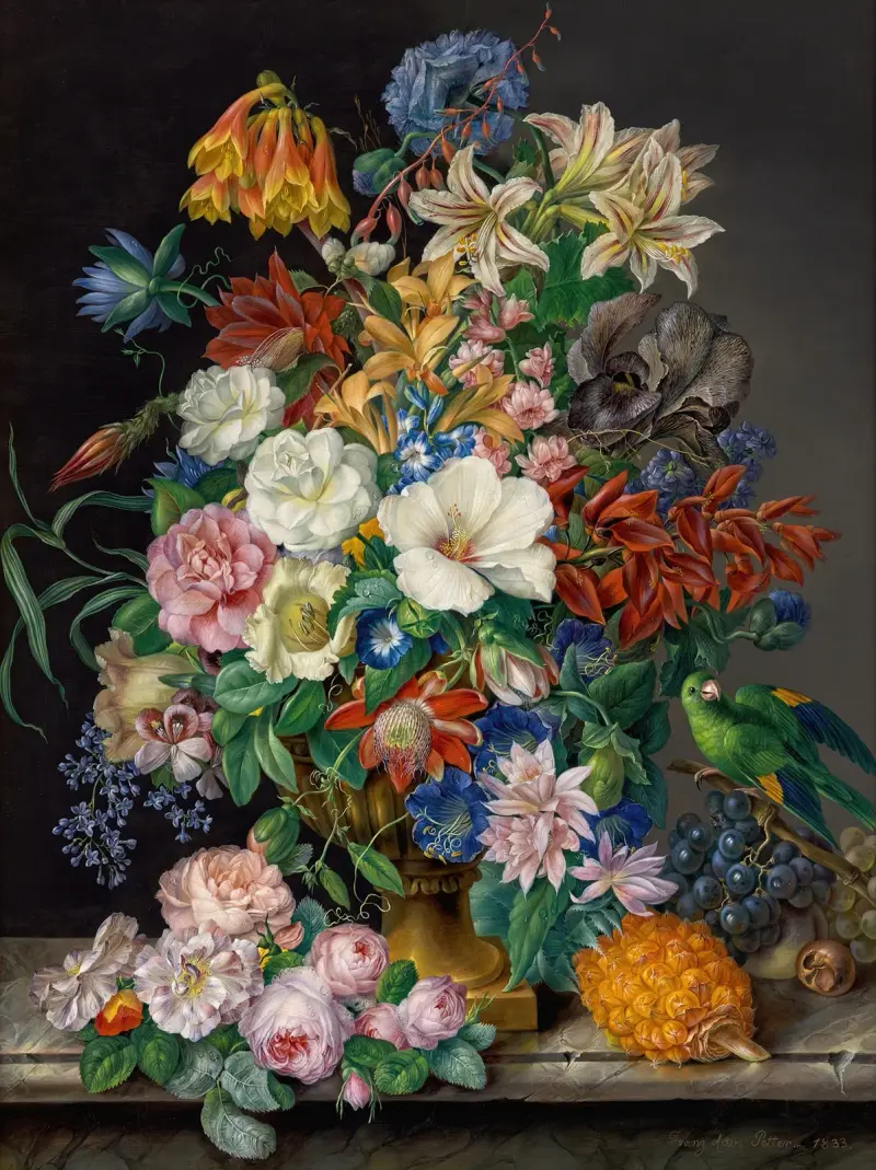 Blumenstück mit Ananas, Weintrauben und Papagei av Franz Xaver Petter