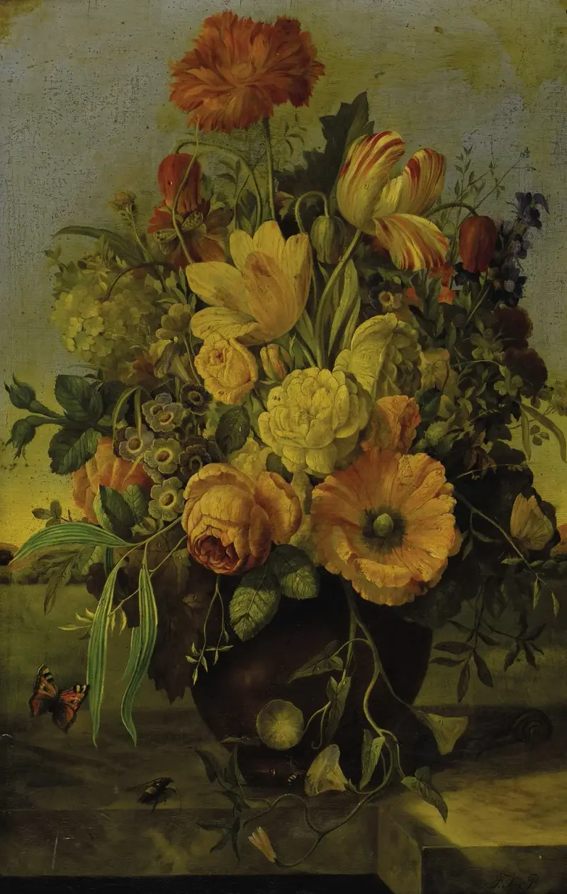 Elaborate Floral Bouquet on a Marble Ledge with a Landscape Beyond av Franz Xaver Petter
