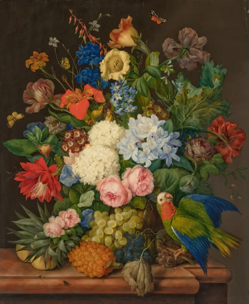Viburnum Oculus, Roses, Plumbago, Primula Auricula, Hemerocallis, Companula, Chinadoxia and Epiphyllum on a ledge with a Pineapple and a Parrot av Franz Xaver Petter