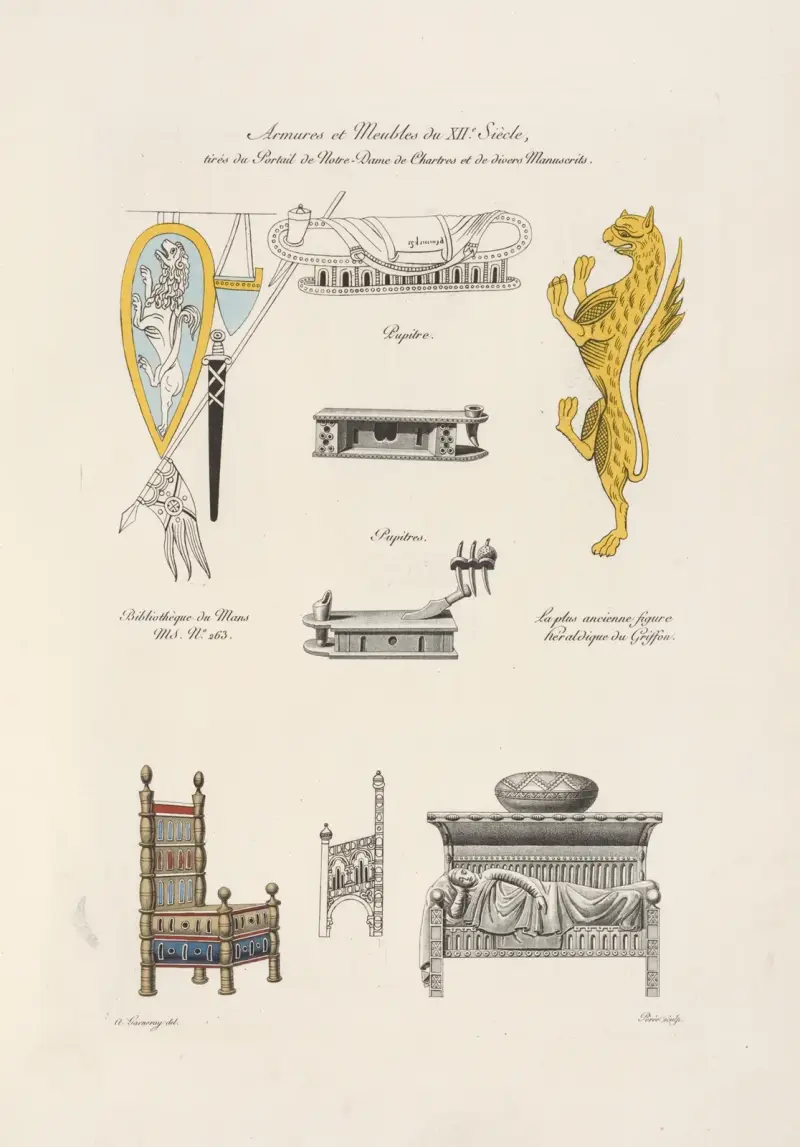 Armures et meubles du XIIe. siècle, tirés du portail de Notre-Dame de Chartres et de divers manuscrits. av Nicolas Xavier Willemin