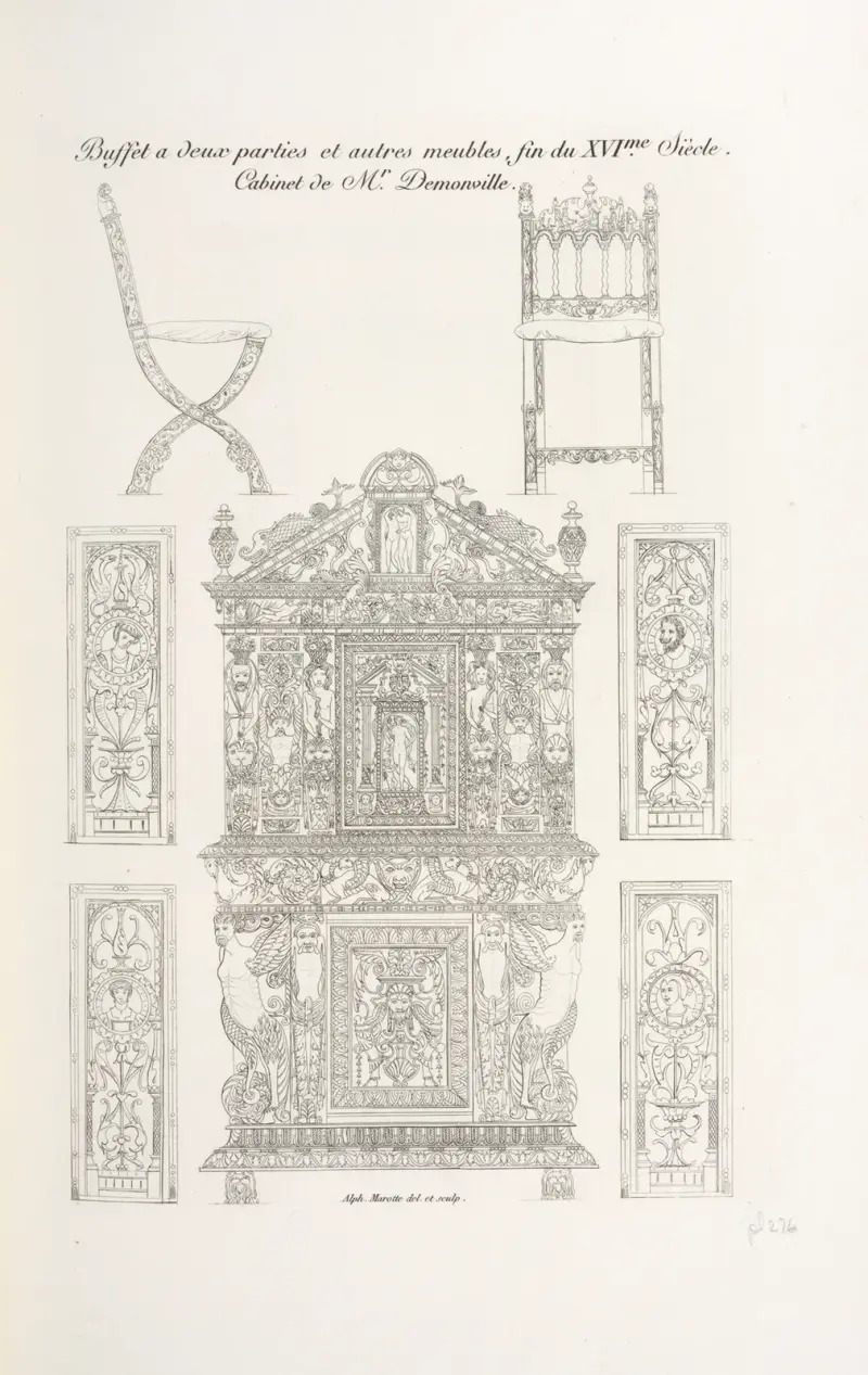 Buffet à deux parties et autres meubles, fin du XVIme. siècles. Cabineet de Mr. Demonville. av Nicolas Xavier Willemin