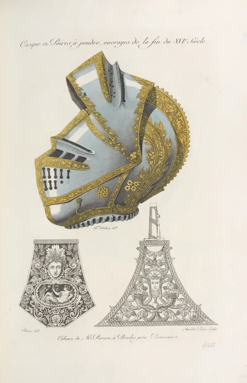 Casque et poires à poudre, ouvrages de la fin du XVIe. siècle. av Nicolas Xavier Willemin