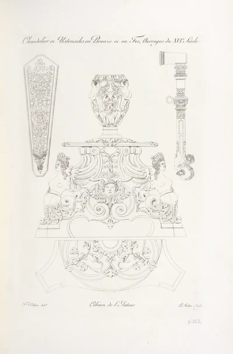 Chandelier et ustensiles en bronze et en fer, ouvrages du XVIe. siècle. av Nicolas Xavier Willemin