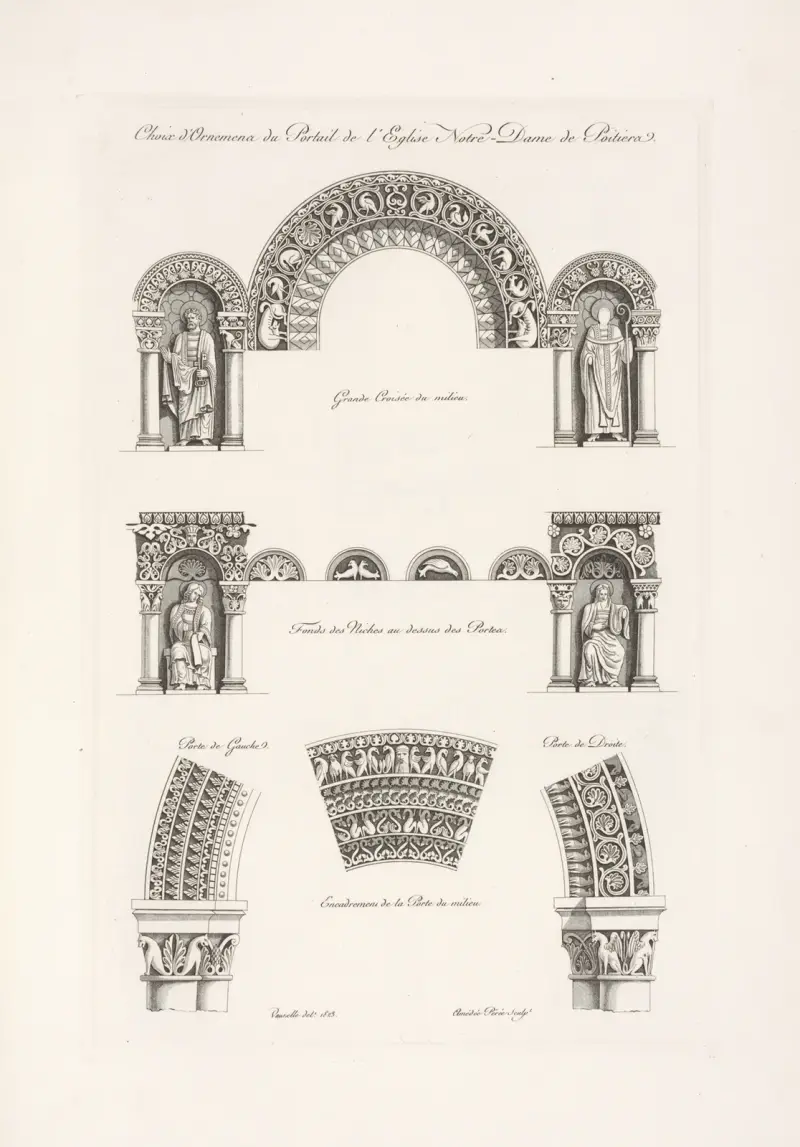 Choix d’ornemens du portail de l’église Notre-Dame de Poitiers. av Nicolas Xavier Willemin