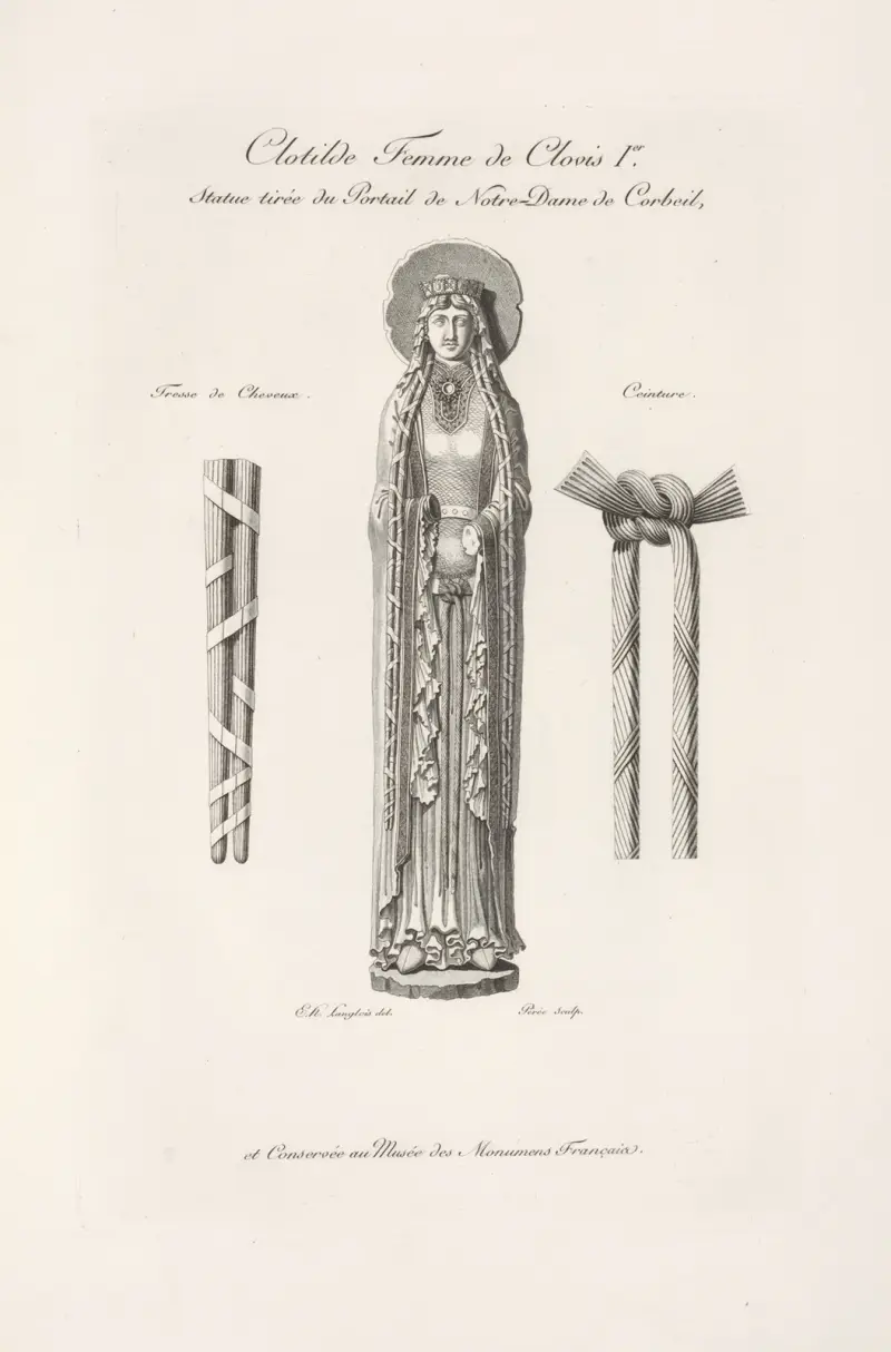 Clotilde, hustru till Klodvig I. Staty från portalen till Notre-Dame de Corbeil, förvarad i Musée des Monuments Français av Nicolas Xavier Willemin