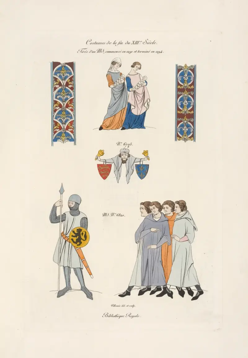 Costumes de la fin du XIIIe. siècle. Tirés d’un MS, commencé en 1291 et terminé en 1294. av Nicolas Xavier Willemin