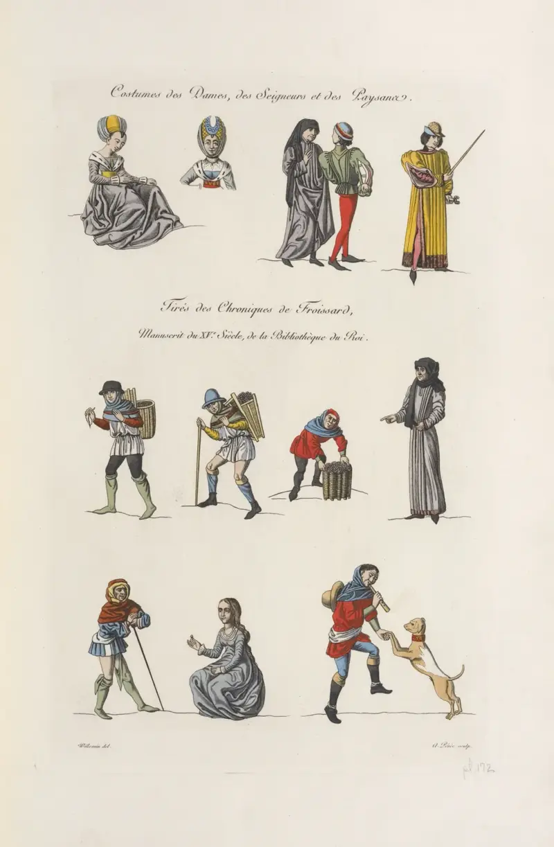 Costumes des dames, des seigneurs et des paysans. Tirés des chroniques de froissard, manuscrit du XVe. siècle, de la Bibliothèque du roi. av Nicolas Xavier Willemin