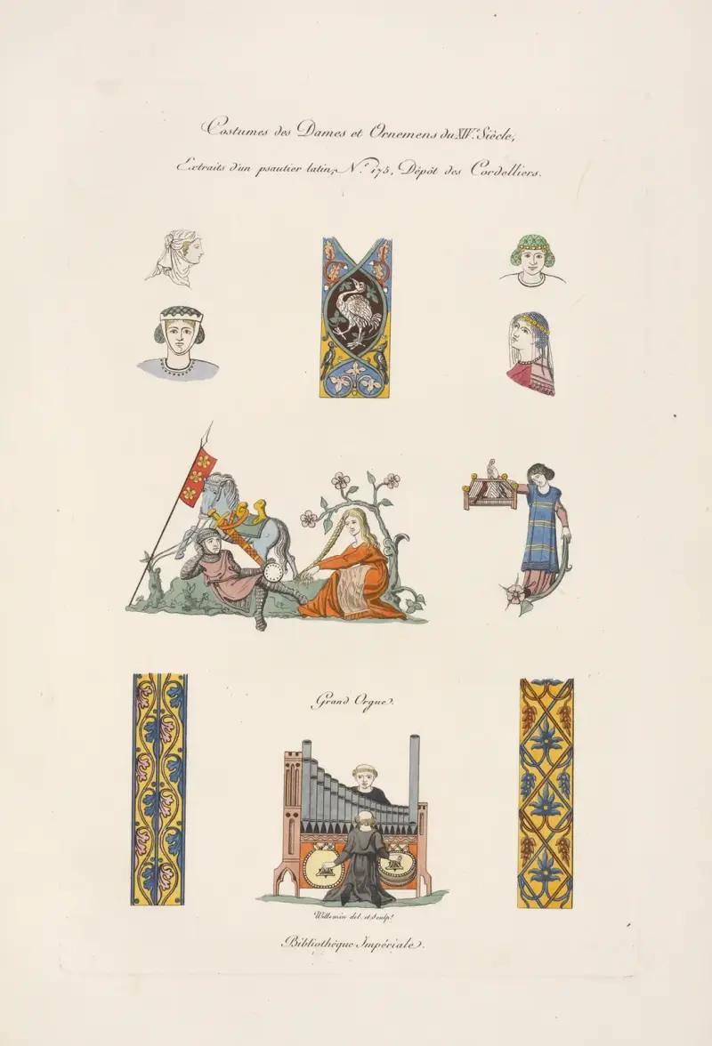 Costumes des dames et ornemens du XIVe. siècles, extraits d’un psautier latin, No. 175, dépôt des Cordelliers. av Nicolas Xavier Willemin