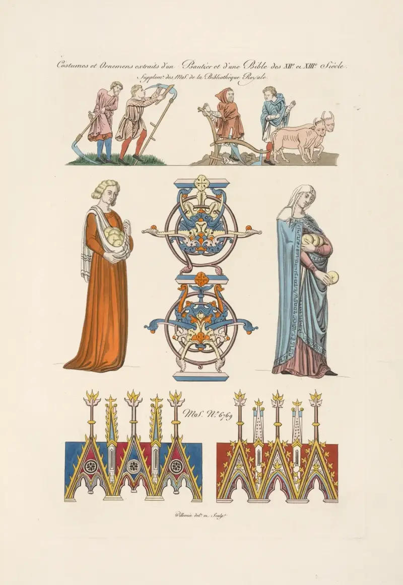 Costumes et ornemens extraits d’un psautier d’une bible des XIIe. et XIIIe siècle. Supplemt. des MS de la bibliothêque royale. av Nicolas Xavier Willemin