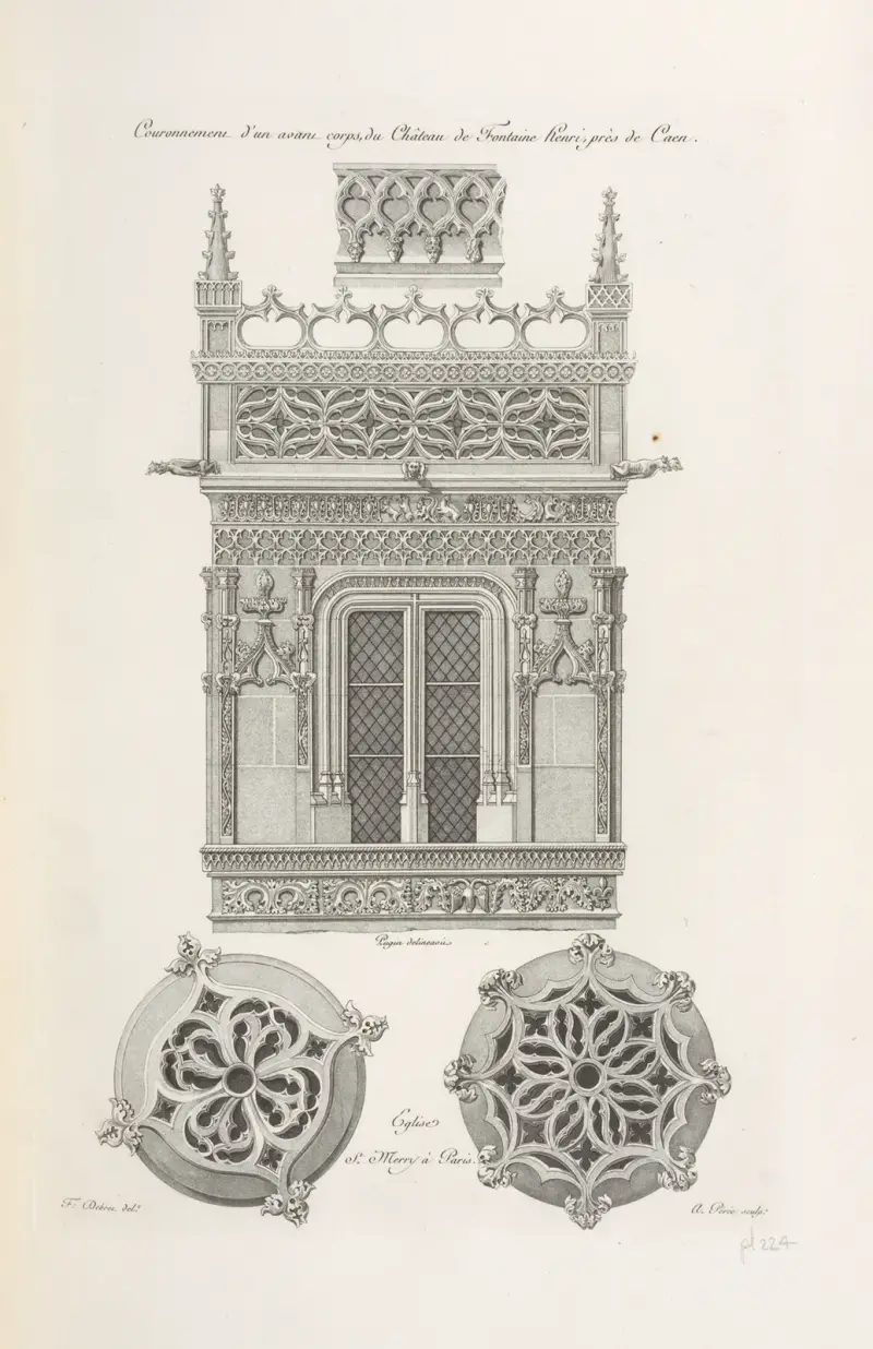 Krön av en förbyggnad, från slottet Fontaine Henri nära Caen. Église Saint-Merry i Paris. av Nicolas Xavier Willemin