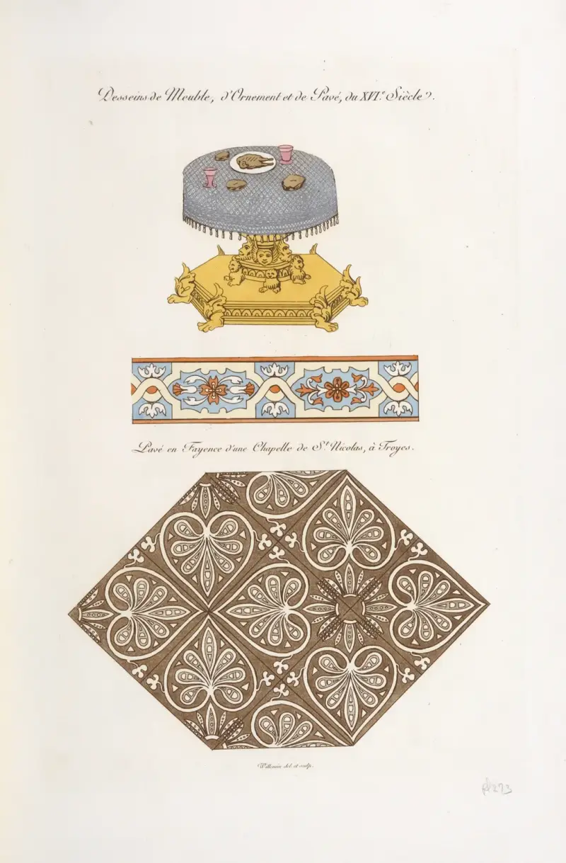 Möbel-, Ornament- und Pflasterzeichnungen des 16. Jahrhunderts. Fayence-Pflaster einer Kapelle des Hl. Nikolaus in Troyes von Nicolas Xavier Willemin