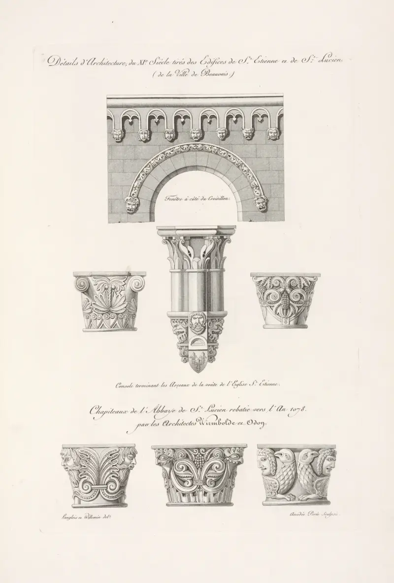 Architektonické detaily z 11. století z budov St. Étienne a St. Lucien (ve městě Beauvais), Nicolas Xavier Willemin