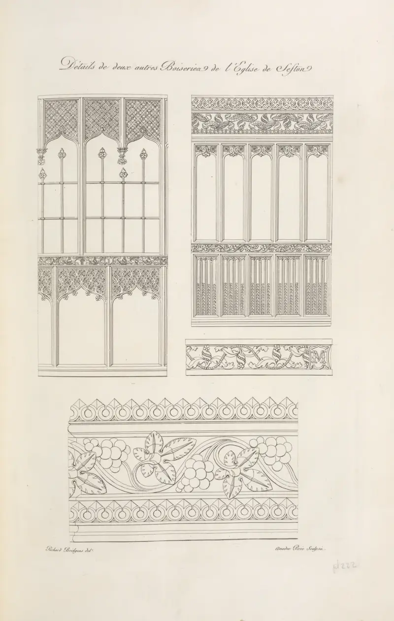 Détails de deux autres boiseries de l’église de Seston. av Nicolas Xavier Willemin
