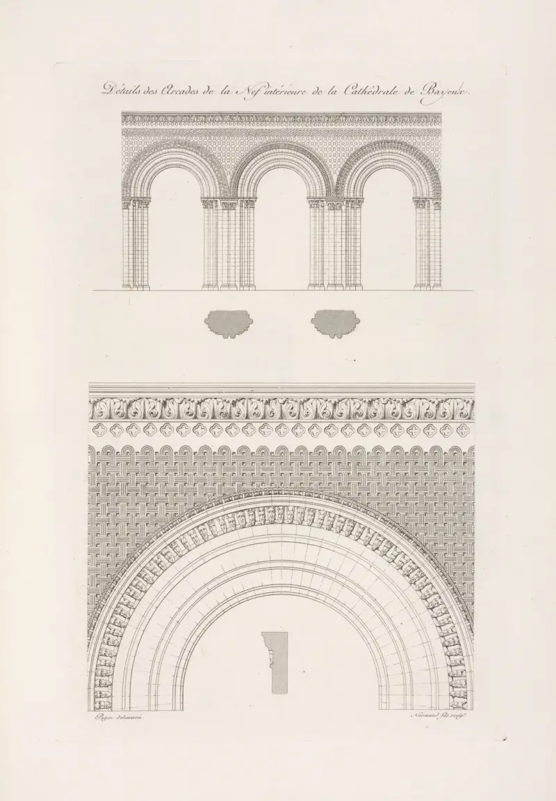 Détails des arcades de la nef intérieure de la cathédrale de Bayeaux. av Nicolas Xavier Willemin