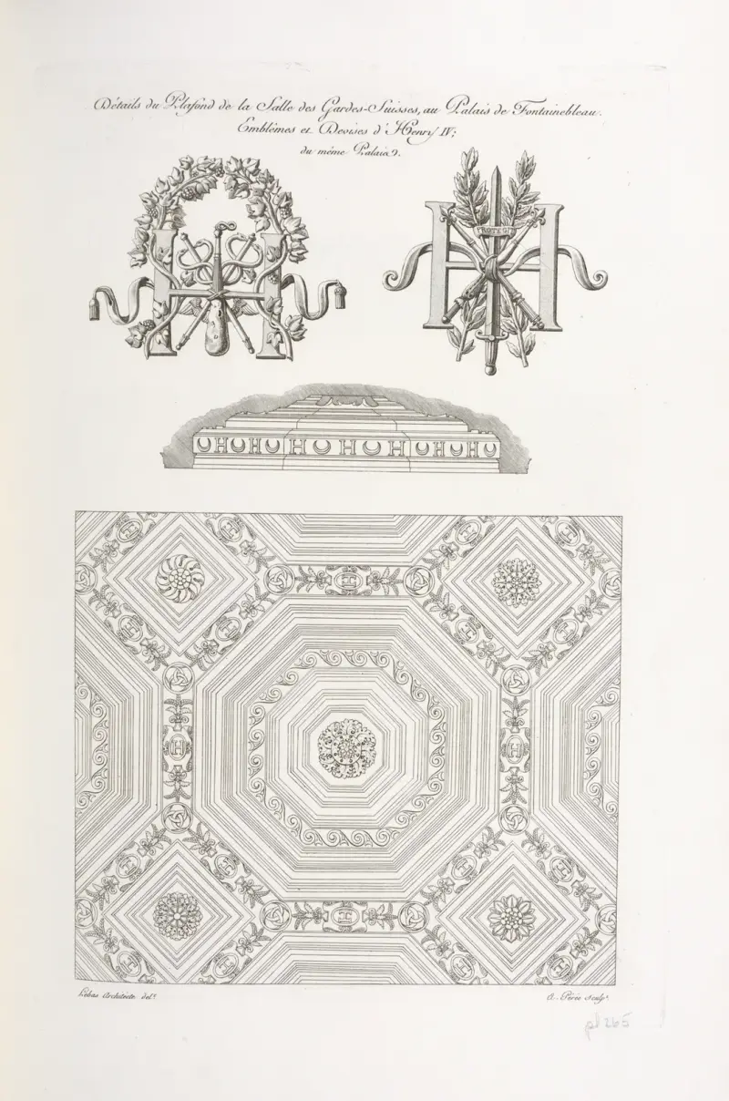 Detaljer från taket i schweizergardets sal, palais de Fontainebleau. Emblem med mönster av Henrik IV; från samma palais av Nicolas Xavier Willemin
