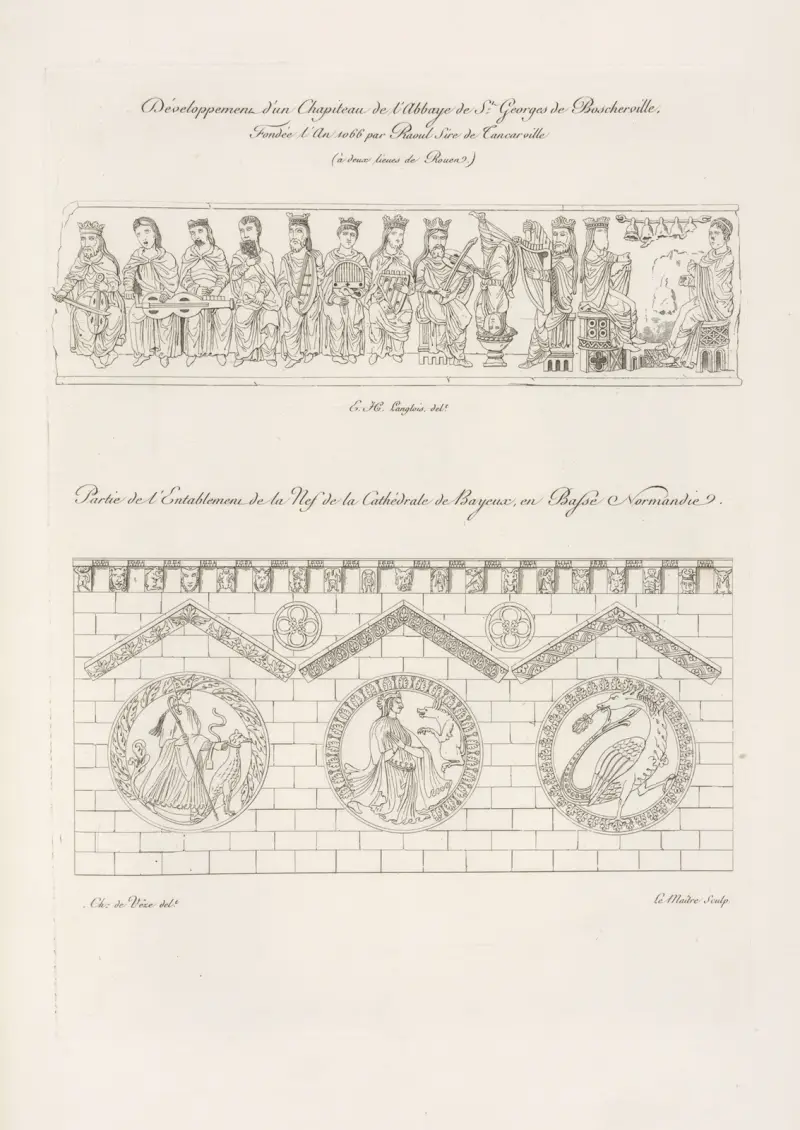 Développement d’un chapiteau de l’abbaye de St. Georges de Boscherville, […] partie de l’entablement de la nef de la cathédrale de Bayeaux, en basse Normandie. av Nicolas Xavier Willemin