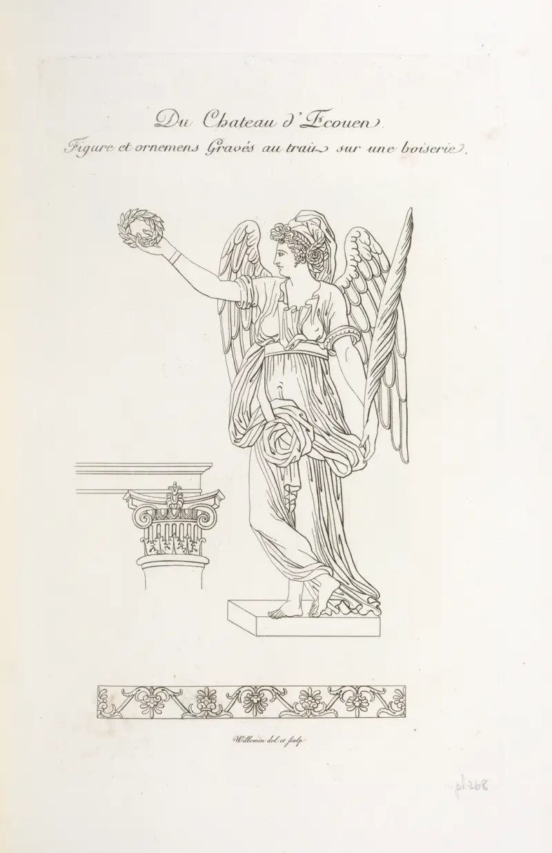 Från slottet i Écouen. Figur och ornament [sic] graverade i linje på en boiserie. av Nicolas Xavier Willemin