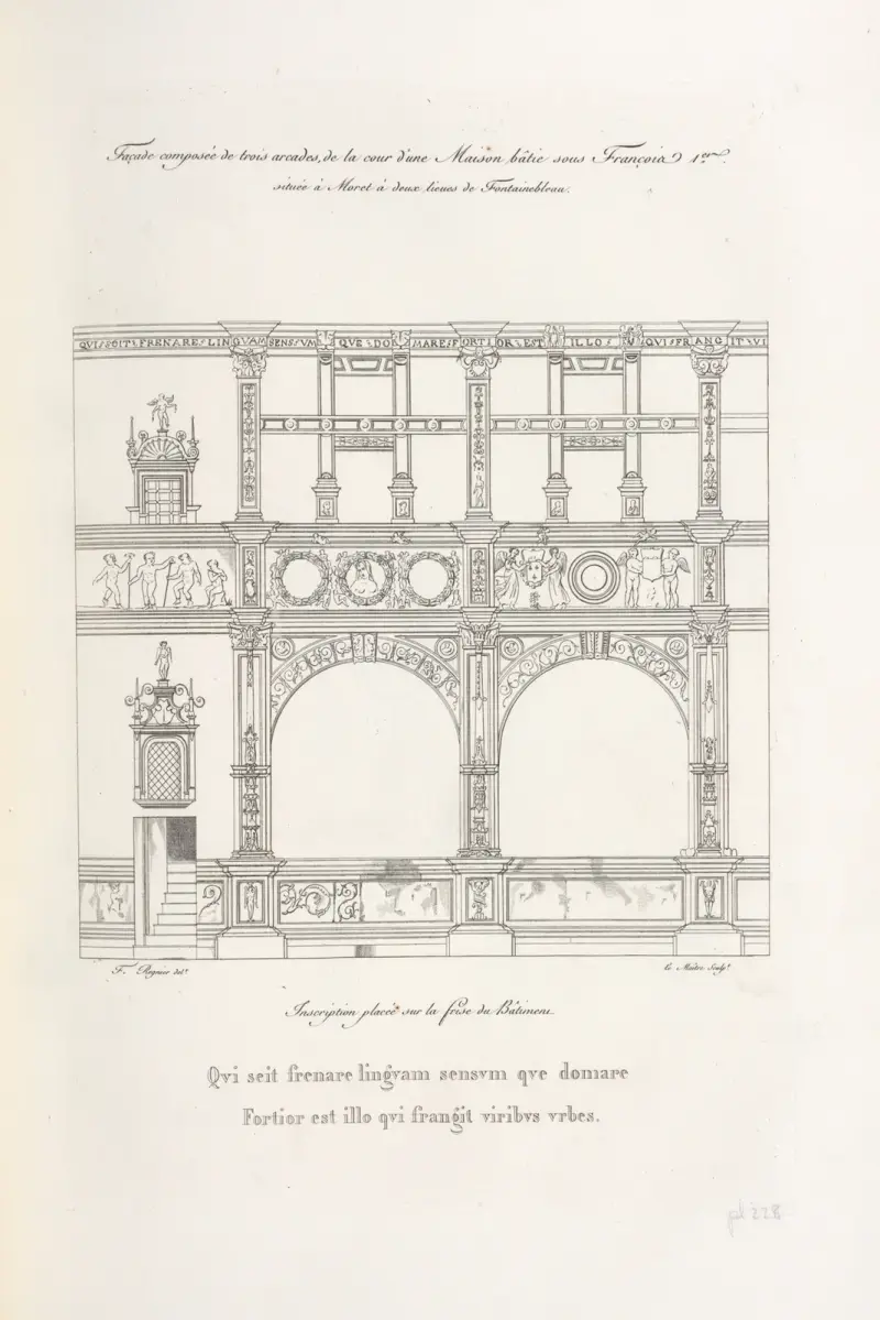 Fasad med tre arkader, från gården till ett hus byggt under Frans I i Moret, två mil från Fontainebleau av Nicolas Xavier Willemin