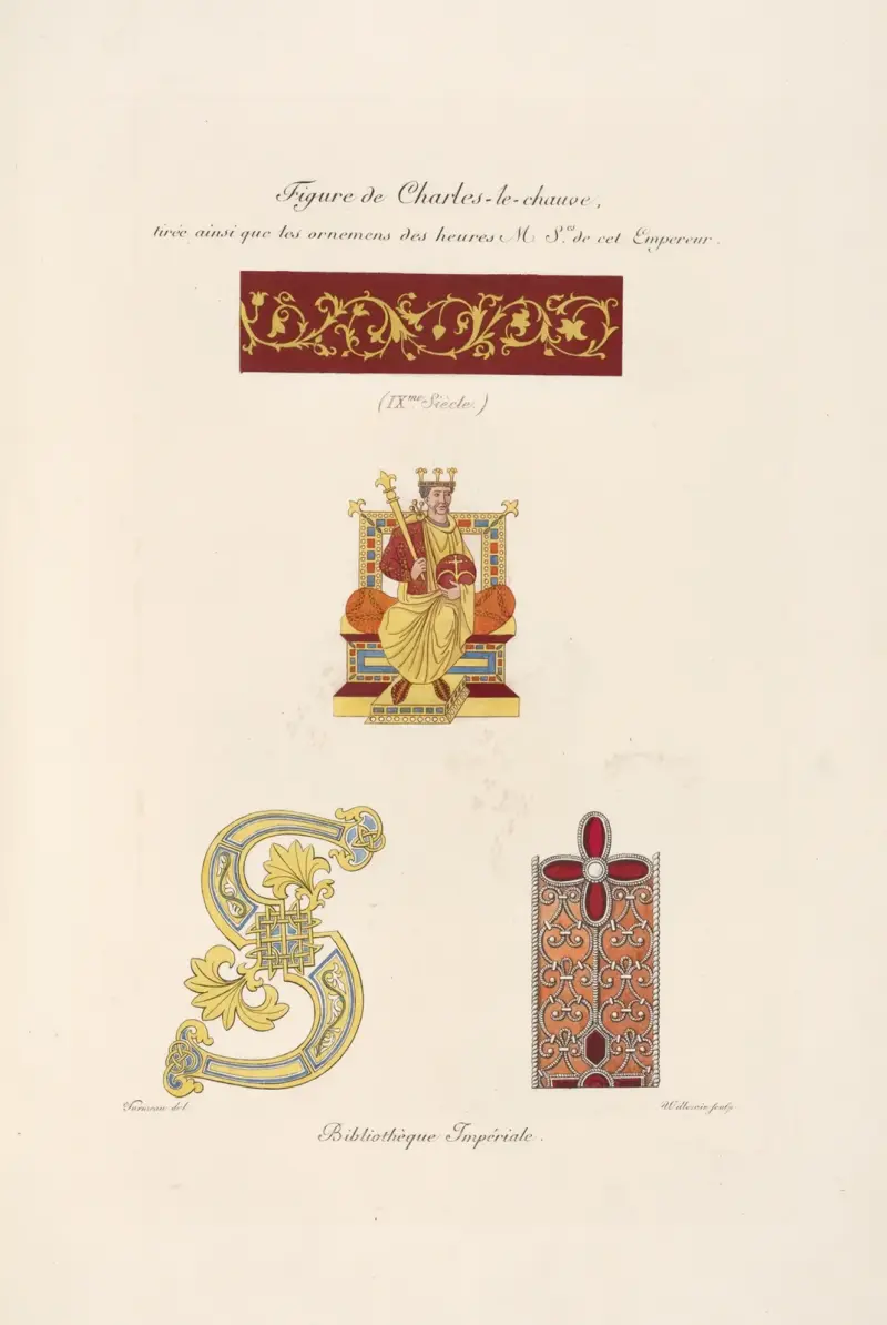 Figure de Charles-le-chauve, tirée ainsi que les ornemens des heures M Ses. de cet empereur. av Nicolas Xavier Willemin