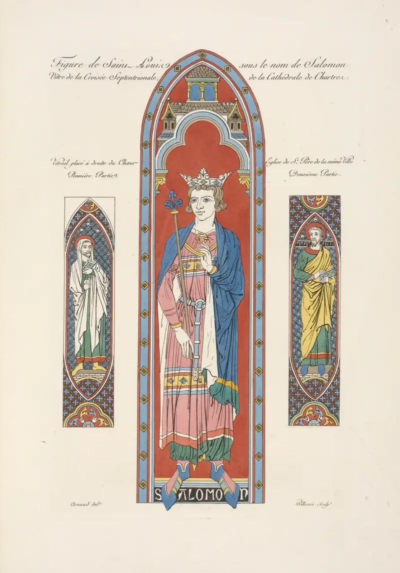 Figur av Ludvig den helige under namnet Salomo, glasmålning i norra korfönstret i katedralen i Chartres av Nicolas Xavier Willemin