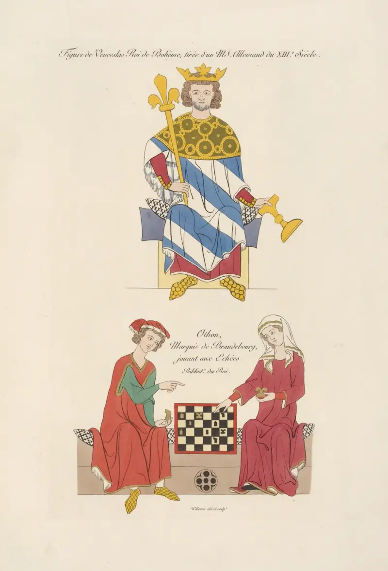 Figur av Venceslas, kung av Böhmen, från en tysk handskrift från 1200-talet; Othon, markis av Brandenburg, spelande schack av Nicolas Xavier Willemin