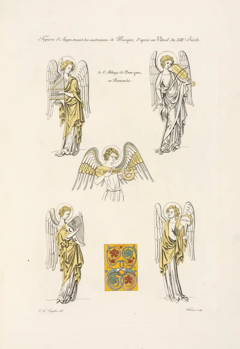 Figures d’anges tenant des instrumens de musique, d’après un vitrail du XIIIe. siècle., Nicolas Xavier Willemin