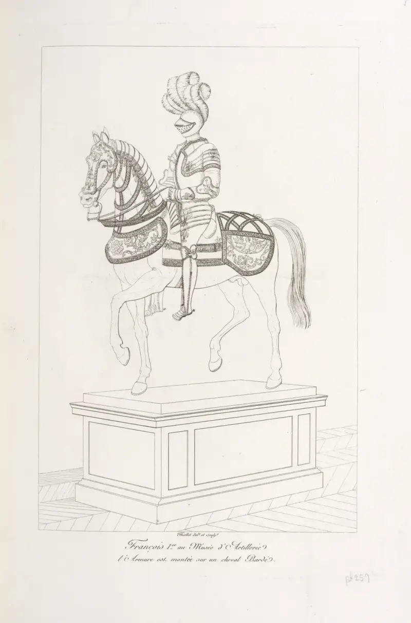 Frans I på artillerimuseet, rustningen monterad på en barderad häst av Nicolas Xavier Willemin