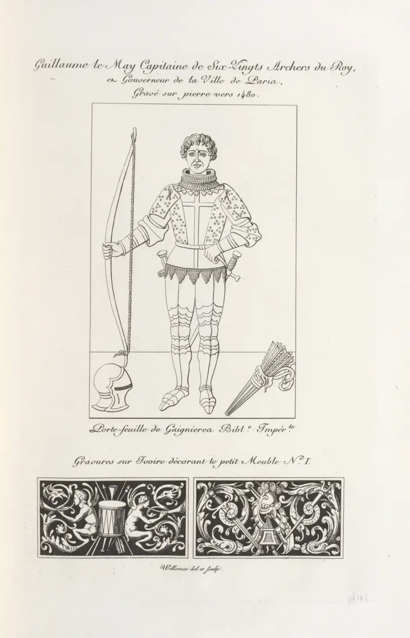 Guillaume le May, Hauptmann der einhundertzwanzig Bogenschützen des Königs und Gouverneur der Stadt Paris, um 1480 in Stein graviert von Nicolas Xavier Willemin