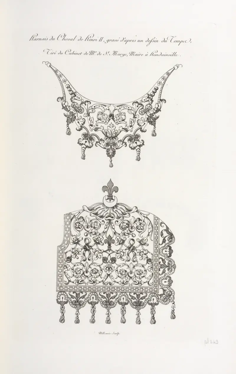 Harnais du cheval de Henri II, gravé d’après un dessin du temps, tiré du cabinet de Mr. de St. Morys, maire à Hondainville. av Nicolas Xavier Willemin