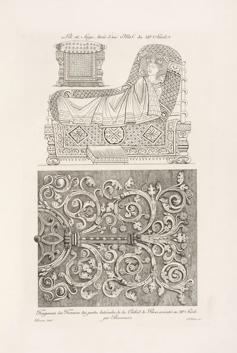 Sitzplatz, entnommen einem Manuskript des 12. Jahrhunderts; Fragment der Eisenbeschläge der Seitentüren der Kathedrale von Paris, ausgeführt im 12. Jahrhundert von Nicolas Xavier Willemin