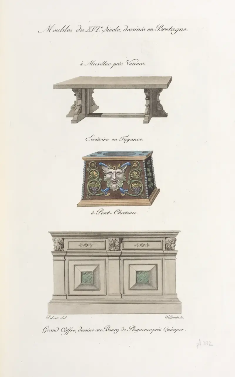 Möbel des 16. Jahrhunderts, gezeichnet in der Bretagne. In Musillac bei Vannes von Nicolas Xavier Willemin